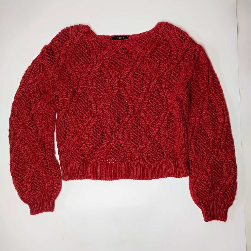 Forever 21 Red Size Small Open-Weave Cable Knit Crew Sweater Y2k